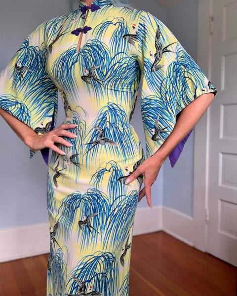 1940s Pure Silk Crepe Hawaiian Pake Muu w/ Japanese Swallows by “The Liberty House”