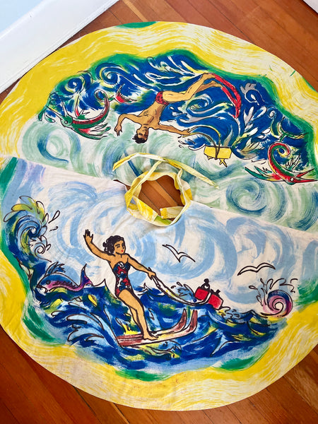 1950s Mexican Hand Painted Cotton Skirt w/ Water-Skiers