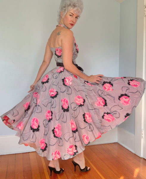 1950s Couture Custom Made Silk Halter Party Dress