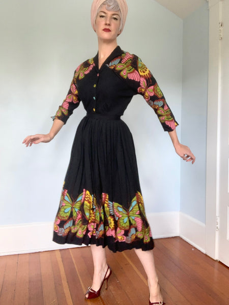 Gorgeous 1940s 2 Piece Linen Dress Set w/ Hand Printed Butterfly Border Print