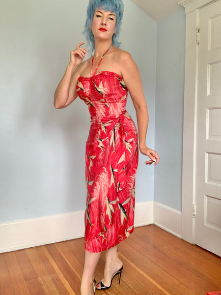 Rare 1940s Custom Made Silk Hawaiian Sarong Dress w/ Flying Fish Print