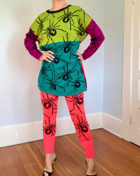 Rare 1980s “Betsey Johnson” Punk Label Intarsia Knit 2 Piece Black Widow Spider Set