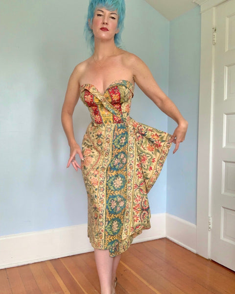 1940s Hand Printed Indian Cotton Sarong Dress