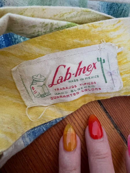 1950s Mexican Hand Painted Cotton Skirt w/ Water-Skiers