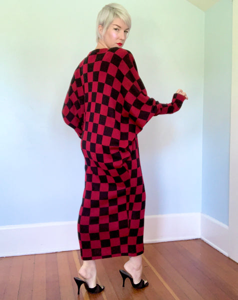 Avant-Garde 1980s "Norma Kamali" Checkered Knit Cocoon Maxi Dress