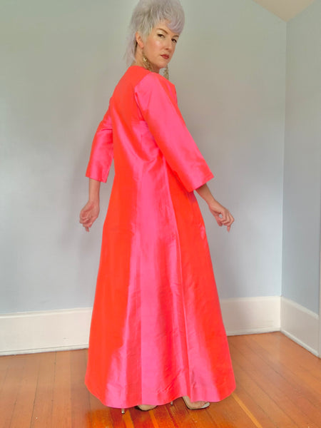 Magical 1960s Hottest Neon Pink Iridescent Thai Silk Caftan w/ Pockets