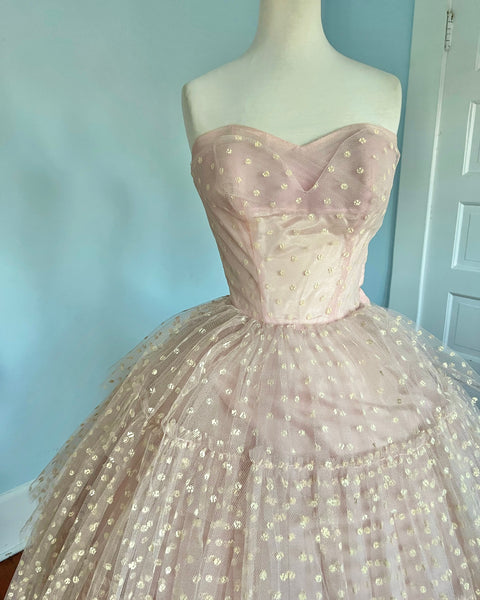 1950s Sheer Tulle w/ Flocked Velvet Polka Dots Tiered Strapless Party Dress