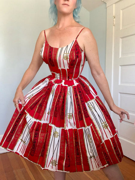 1950s Hawaiian “Joss Sticks” Handprint Alfred Shaheen Polished Cotton Sundress