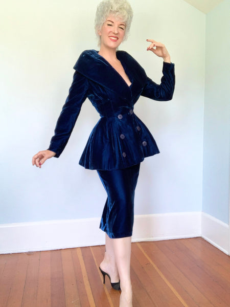 1940s New Look Blue Rayon Velvet Cocktail Suit