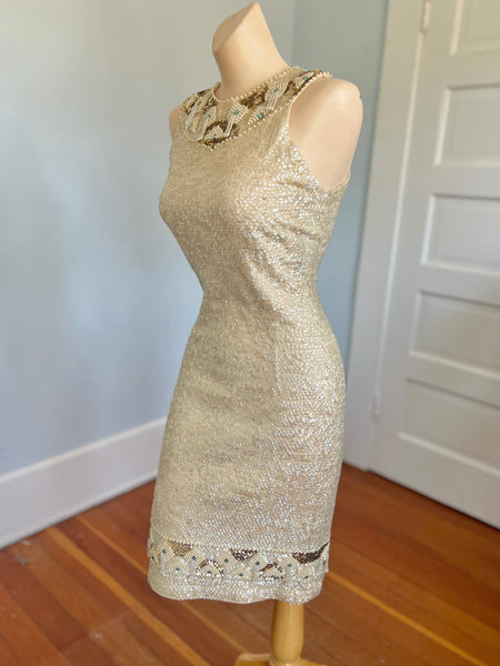 Custom 1960s Cleopatra Style Wool Iridescent Sequin Covered Cocktail Dress