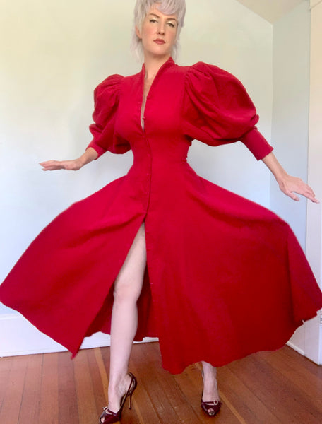 1980s Crimson Red Soft Cotton Corduroy Day Dress w/ Huge Pleated Shoulders & Skirt by "The J. Peterman Co. - Lexington, Kentucky"