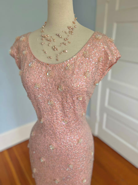 1960s “Gene Shelly’s Boutique Internationale” Iridescent Pink Sequin Wool Cocktail Dress