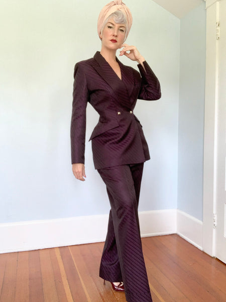 Rare 1990s "Thierry Mugler Couture" 2 Piece Hourglass Pantsuit in Iridescent Silk Blend