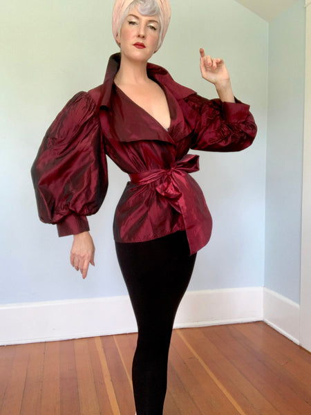 1980s "Victor Costa" Iridescent Crimson Sharkskin Taffeta Blouse w/ Huge Sleeves & Tue Belt