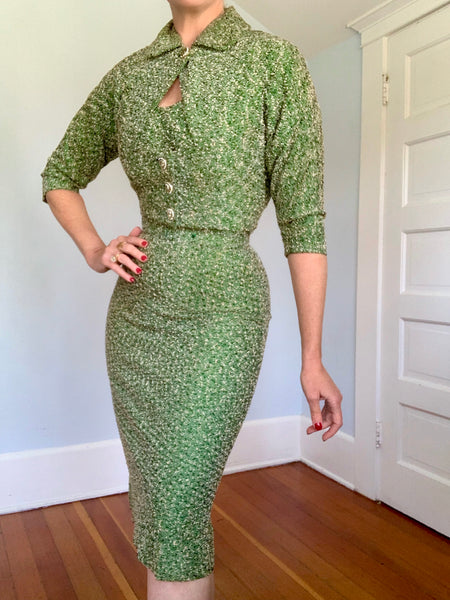 Deadstock Salesman’s Sample 1940s Rayon Boucle Knit 3 Piece Sweater Dress Set