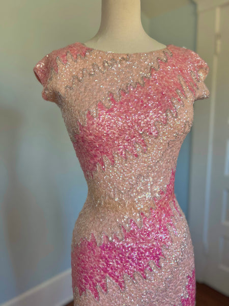 1960s “Gene Shelly’s Boutique Internationale” Hand Sequined Wool Cocktail Dress