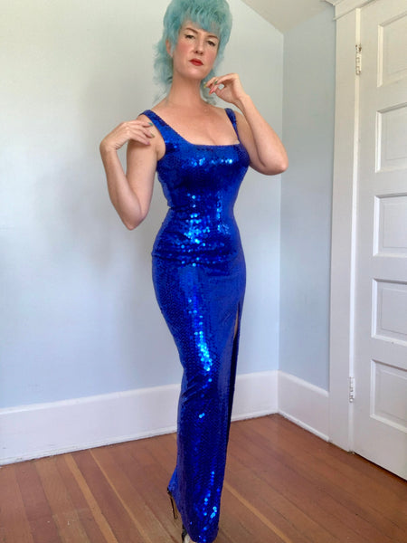 1980s Sapphire Sequin Hourglass Evening Gown