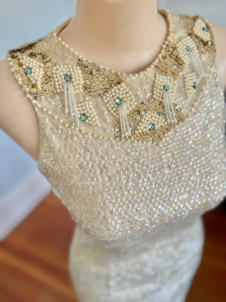 Custom 1960s Cleopatra Style Wool Iridescent Sequin Covered Cocktail Dress