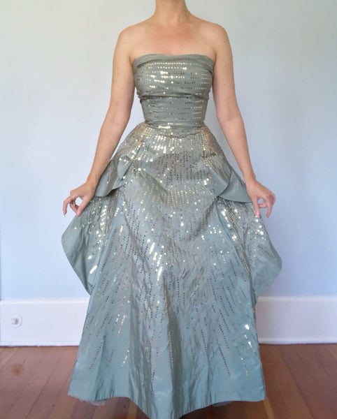 Late 1940s Custom Couture Silk Sequined Petal Gown Inspired by A/W 1949 Dior
