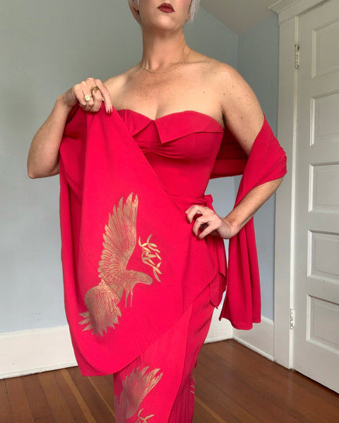 Rare 1940s Hawaiian Designer “Gladys Williams Honolulu” Hand Printed Crane Motif Silk Crepe Sarong Dress & Shawl