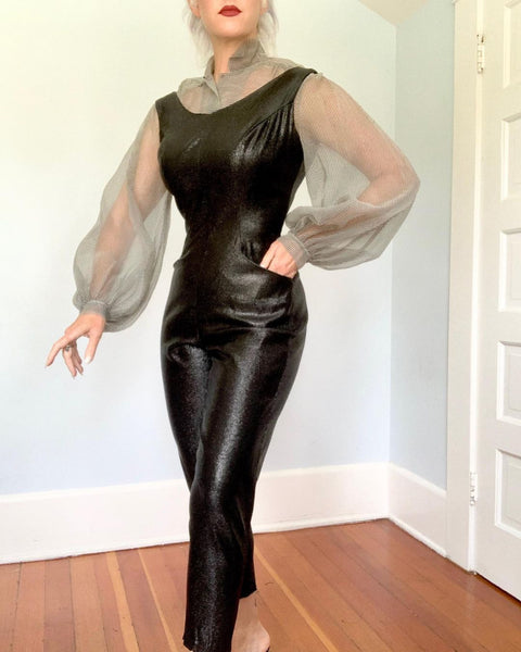 1950s Black Stretch Liquid Lamé Jumpsuit