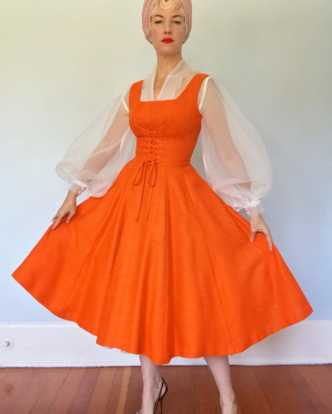 Gorgeous 1950s Pumpkin Orange Linen Pinafore Dress