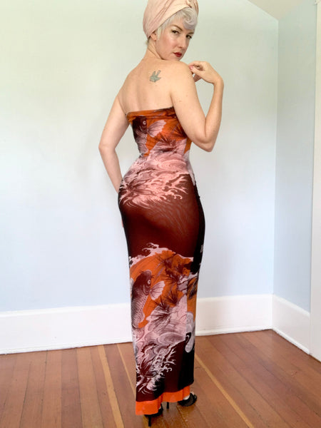 Designer 1990s "Jean Paul Gaultier Soleil" Koi Fish Tattoo Print Mesh Bodycon Strapless Maxi Dress