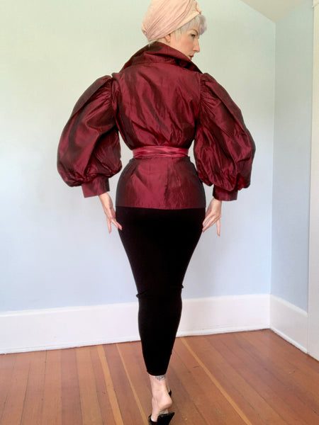 1980s "Victor Costa" Iridescent Crimson Sharkskin Taffeta Blouse w/ Huge Sleeves & Tue Belt