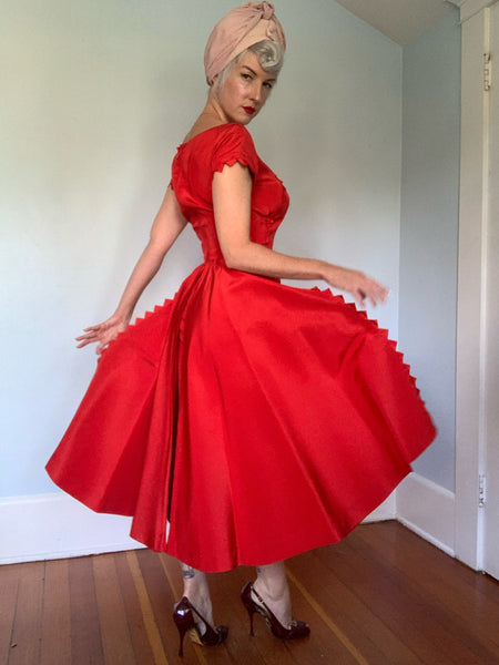 1950s Devil Red Satin Cocktail Dress w/ Back Draped Wings
