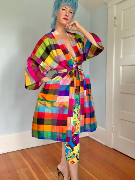 1960s Thai Raw Silk Madras Plaid Robe / Coat