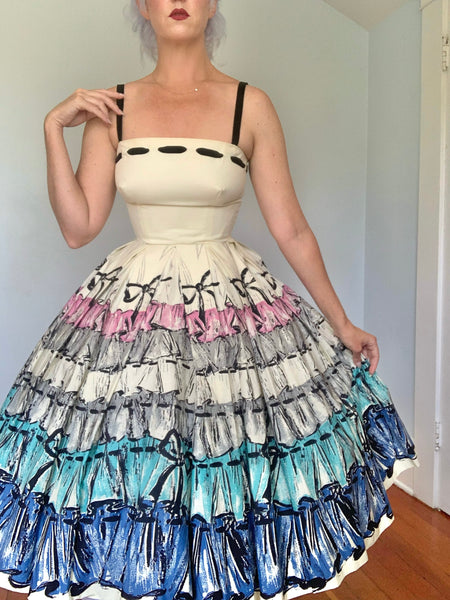 1950s Polished Cotton Trompe L’Oeil Bow Print Party Dress