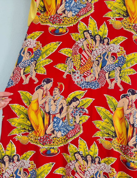 1940s Cold Rayon Hawaiian Pake Muu in Eugene Savage Print by “Kahana Manufacturing Co.”