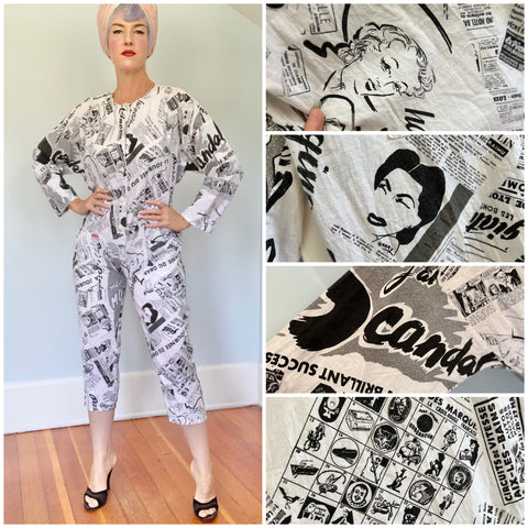 1980s French Magazine Novelty Print Cotton Jumpsuit