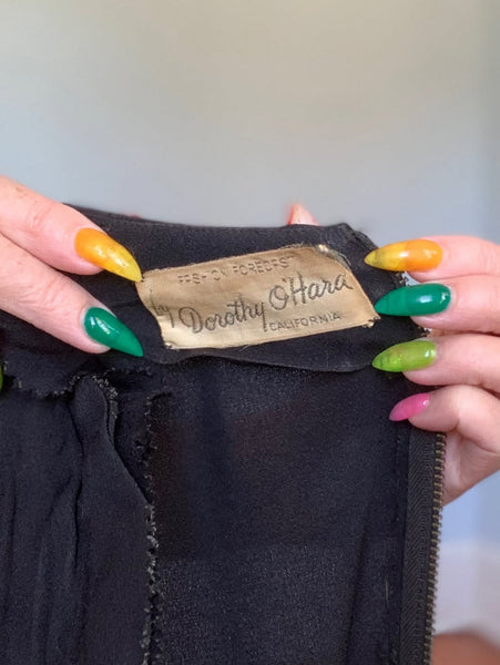 1940s Designer “Dorothy O’Hara” Rayon Crepe Sculptural Cocktail Dress