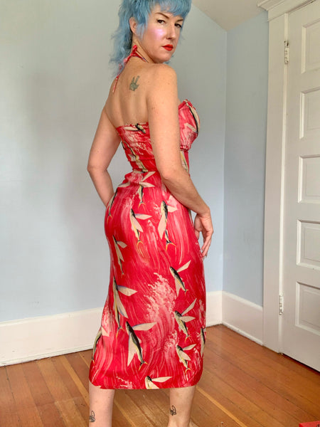 Rare 1940s Custom Made Silk Hawaiian Sarong Dress w/ Flying Fish Print