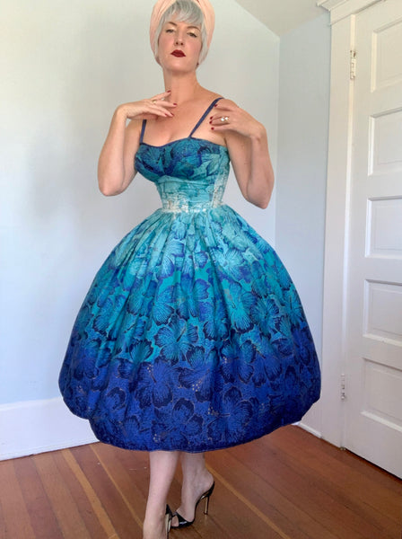 1950s “Alfred Shaheen” Ombré Blue Hand Printed Hibiscus Cotton Sundress