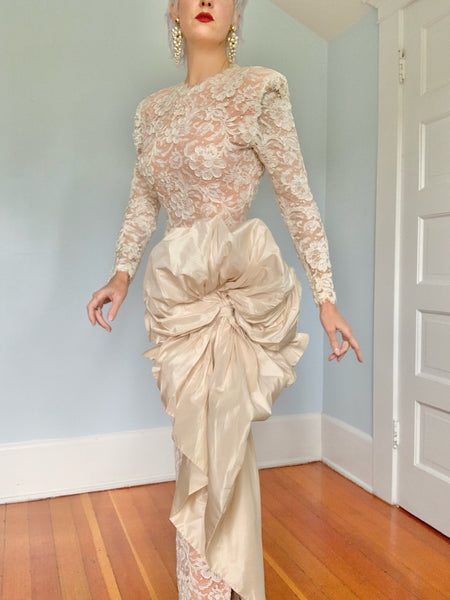 1980s “Travilla” Battenberg Lace Illusion Evening Gown w/ Silk Draping