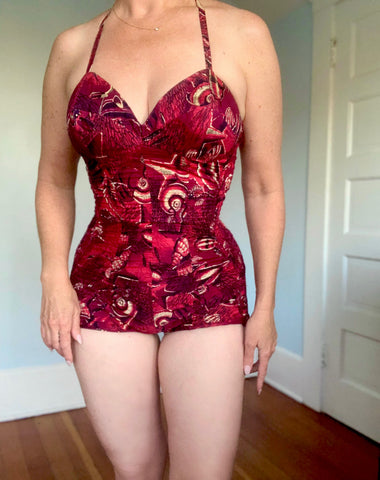 1940s “Alfred Shaheen” Sealife Ruched Cotton Bathing Suit