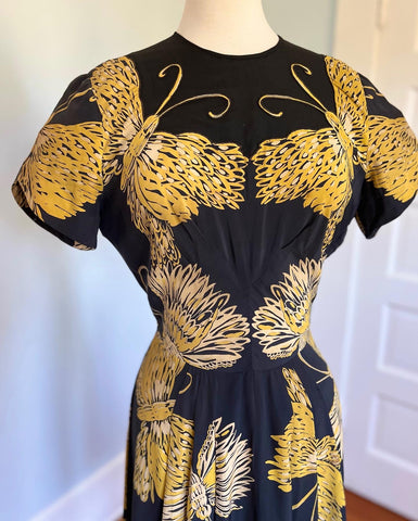 1940s “Jean Carol” Butterfly Cold Rayon Cocktail Dress