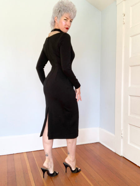 “Mr. Blackwell Custom” 1960s Wool Jersey Rhinestone Sheer Bust Cocktail Dress