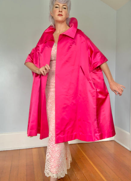 Couture 1950s Barbie Pink Silk Peau de Soie Extreme Trapeze Coat