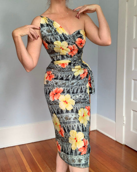 Deadstock 1950s Hawaiian Silk Cocktail Sarong Dress by “Kamehameha”