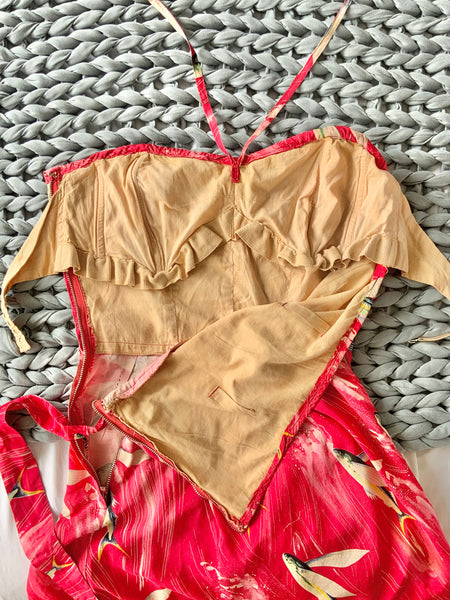 Rare 1940s Custom Made Silk Hawaiian Sarong Dress w/ Flying Fish Print