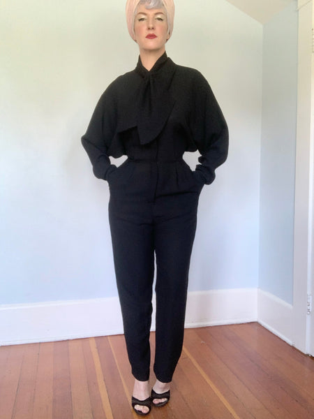 Designer 1980s "Norma Kamali" Rayon Crepe Batwing Hourglass Jumpsuit w/ Scarf Collar