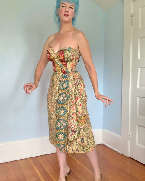 1940s Hand Printed Indian Cotton Sarong Dress
