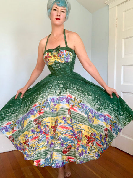 1950s “Miss Hawaii” Nylon Painted Ocean Sealife Print Halter Hawaiian Sundress