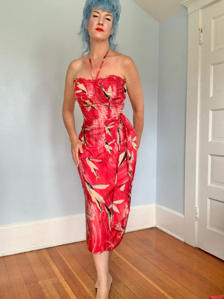 Rare 1940s Custom Made Silk Hawaiian Sarong Dress w/ Flying Fish Print