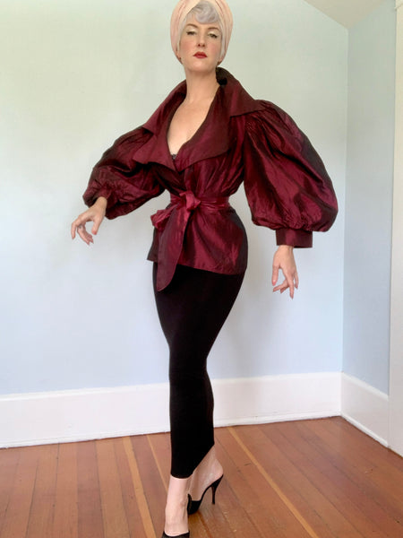 1980s "Victor Costa" Iridescent Crimson Sharkskin Taffeta Blouse w/ Huge Sleeves & Tue Belt