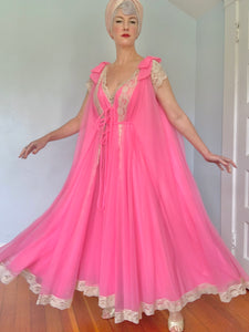 Designer 1960s “Lucie Ann of Beverly Hills” for "Neiman Marcus" 2 Piece Barbie Pink w/ Cream Ruffles Peignoir Set
