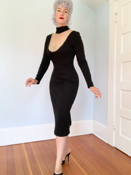 “Mr. Blackwell Custom” 1960s Wool Jersey Rhinestone Sheer Bust Cocktail Dress